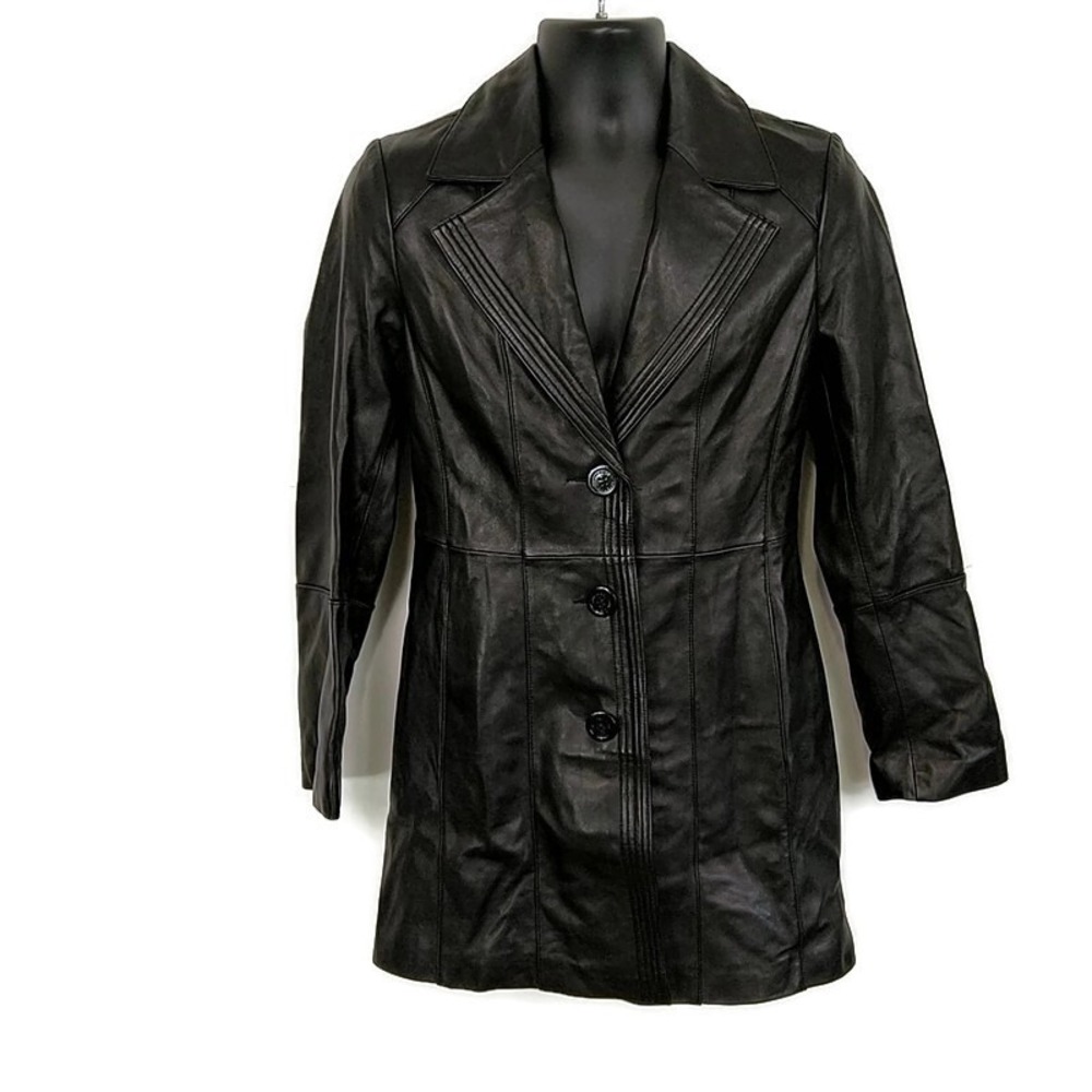 Anne Klein Leather Coat Womens Small Black Button Front Trench Jacket